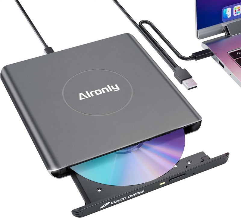 Alronly External CD/DVD Drive for Laptop/PC, USB 3.0 Type-C USB Portable Alloy Player for Computer CD DVD +/-RW Disk Drive CD Burner Writer Reader Compatible with Desktop Windows Apple Linux (F03) - Image 1